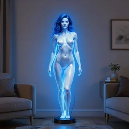 a large woman body inspired lamp blue florescent light, placed in a living room, designer pencil 3d sketch, HD resolution