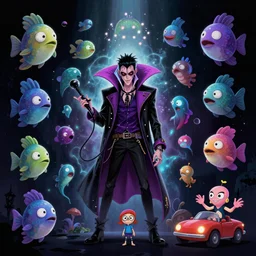 psychic punk rocker vampiric electrifying rockstar vampire fish concept art for character designs of various shapes and sizes as well as backgrounds and vehicles by genndy tartakovsky and splatoon by nintendo and the psychonauts franchise by doublefine tim shafer artists for the new hotel transylvania film