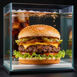 a juicy hamburger in a giant aquarium filled with coke, 8 k resolution, studio lighting, sharp focus, professional food photography, hyper - detailed