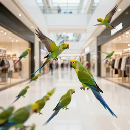 a flock of parrots invading a shopping center