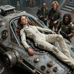 beautiful fantasy character portrait, natalie portman resting on an old sci - fi vehicle, jumpsuit, ultra realistic, wide angle, intricate details, the fifth element artifacts, highly detailed by peter mohrbacher, hajime sorayama, wayne barlowe, boris vallejo, paolo eleuteri serpieri