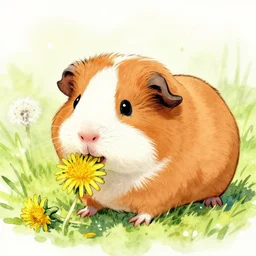 guinea pig eating dandelions. watercolor by award - winning mangaka, sparkles, relaxed mood.