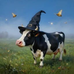 a detailed matte landscape painting of a silly looking cow standing in a grassy field wearing a witch hat, cow wearing hat!!!! viewed in profile, fog and flying glowing moths in the background, ultrawide lens, aerial photography, black and blue color scheme with gold highlights, art by paul kidby in a silly and cartoony art style, 8 k, octane render