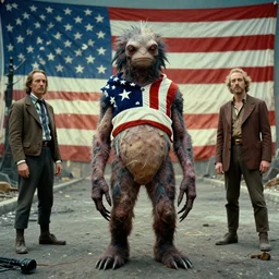 strange creature with american flag, film still from the movie directed by denis villeneuve and david cronenberg with art direction by and h. r. giger, salvador dali and zdzisław beksinski