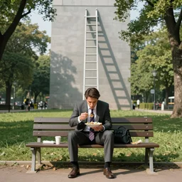 A businessman is sitting on a bench eating lunch in a park. A tall ladder lurks menacingly behind him. A tall ladder lurks menacingly behind him. , shadows, realistic, 4k