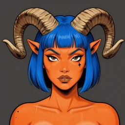 illustrated portrait of ram-horned orange-skinned skin FFA500 devil woman with blue hair cut in a bob by rossdraws