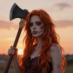 a redhead female zombie with an axe in her head and braces, yasushi nirasawa style, volumetric lighting, sunset background, hdr, 8 k, bokeh, vray render, hypperrealistic