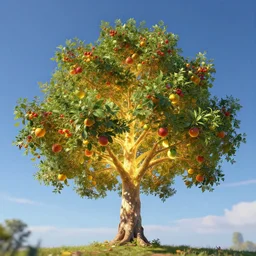 A luminous tree of colorful fruits in the sky, concept art, digital art, well detailed, trending on artstation, 8k