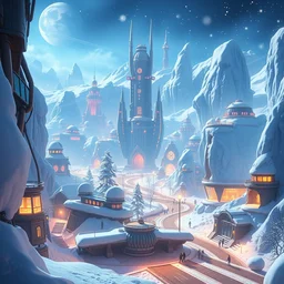 a wholesome animation key shot of a sci - fi city on an snowy ice planet by studio ghibli, animation, sharp, rendered in unreal engine 5, focused, anime key art by greg hildebrant, bloom, dramatic lighting