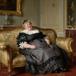 florence nightingale by augustus egg, opulent victorian room, fat, cheerful, old, victorian woman with a large round face reclining on large sofa