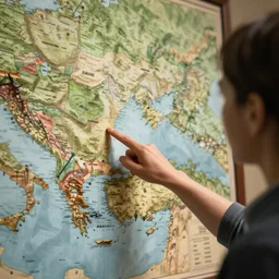 a teacher pointing at the best country in the world on its map