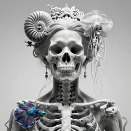 close-up portrait goddess skull, thorax, x-ray, backbone, jellyfish phoenix head, nautilus, orchid, skull, betta fish, bioluminiscent creatures, intricate artwork by Tooth Wu and wlop and beeple. octane render, trending on artstation, greg rutkowski very coherent symmetrical artwork. cinematic, black and white, contrast, hyper realism, high detail, octane render, 8k