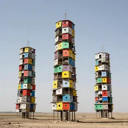 high towers made up of makeshift squatter shacks with bright colours, suspended on a barren field, mamiya 8 5 mm, f 1. 7, uniform plain sky, fine details, photographed by julie blackmon