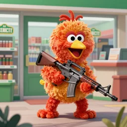 Evil Sesame street Big Bird robbing a convenience store with an Ar15 gun