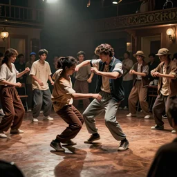 old school breakdance party with old vibe and atmospheric environment, cypher with dancers in middle and people around them, photorealistic, fun, old school locking clothes, rock dance clothes