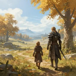 i walked around in whiterun reimagined, skyrim. volumetric lighting, late morning, autumn, nice weather, few clouds, realistic illustration, perfectly shaded, soft painting, art by krenz cushart and wenjun lin