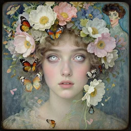 a beautiful young lady with huge bright silver eyes, explosion of flowers and butterflies, daguerreotype by pontormo, by gustave moreau, by Mackintosh, by schiele, art noveau, highly detailed, strong lights, liminal, eerie, Bright pastel colors