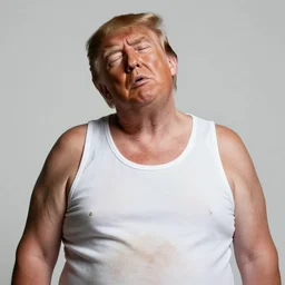 photo of fat trump wearing a dirty white tanktop visibly drunk