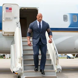 dwayne johnson as president of the united states walking down the steps of air force one. photorealistic.