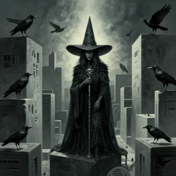 crows at a architectural complex with an occult witch by Android Jones and M. C. Escher collaboration, futurist, digital art, dramatic lighting, symbolic