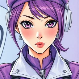 a copic maker manga portrait by yoshiyuki sadamoto and lois van baarle and alphonse mucha of an anime girl highly detailed eyes wearing a futuristic slightly purple stewardess uniform lots of zippers, pockets, synthetic materials, by issey miyake and balenciaga 8 k