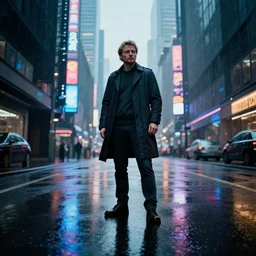 a high quality low wide angle photo of Magnus Carlsen on the streets of a cyberpunk city, rainy, reflective ground, neon lights, realism, 8k