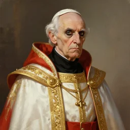 evil pope sorcerer in his late nineties. stately and dour in his expression. eyeliner accentuates his sunken eyes. a high black turtleneck covers his thin neck. opulent white golden red robe, gold decoration, sharp focus, digital painting, illustration, art by magali villeneuve