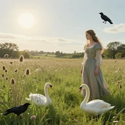 thistles, grass, sun, woman and a swan. a meadow, late english summer. folk horror style. beautiful. gothic. dreamy. rooks