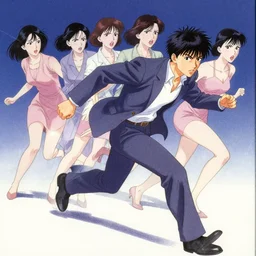 glossy old advertising poster of a man chased by angry women, night, drawn comic by junji ito, pastels, gradient,