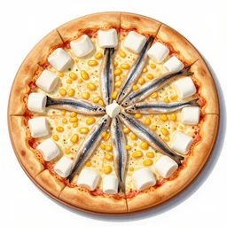 A pizza with marshmallows, sardines, and corn as toppings