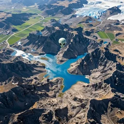 alien ships flying over swirling stylized dolomites, bright blue pools of water, patches of green fields, icy glaciers, birds eye view
