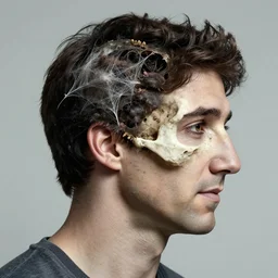 a profile portrait of a man ( ( resembling justin trudeau ) ) with a opening hole into skull showing the cranial cavity showing cobwebs, dust and rats, digital art, highly detailed, by alyssa monks and charlie bowater