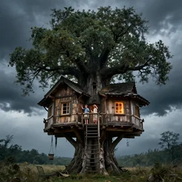 live action cinematic version of swiss family robinson, robinson family treehouse, dynamic lighting, storm, cinematic
