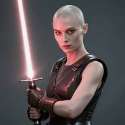 film still of elizabeth debicki as asajj ventress, bald head, pale skin, holding lightsaber, focus on face, glamour pose, dramatic lighting, unreal engine, mist, steve mccurry, cinematic composition, volumetric lighting