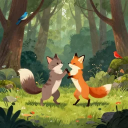 cats and foxes dancing together in the forest,  surrounded by trees, blue birds and red birds, long grass, moss and rocks, fantasy art, artstation