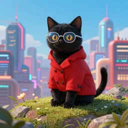 a black cat wearing a red coat and glasses sitting atop a hill overlooking a vibrant futuristic city, digital art, detailed