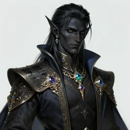 a handsome noble male dark elf, obsidian skin, jewels, gemstones, silk, fantasy, intricate, elegant, highly detailed, digital painting, artstation, concept art, sharp focus, illustration