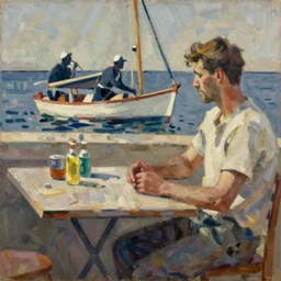 oil painting in the style of john craxton sailors. seated figure hands on table. similar aesthetics to ivon hitchins.. drawing on painting, brush marks