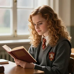 portrait of Emma Watson as Hermione Granger sitting in a classroom next to a window reading a book, golden art by Kenne Gregoire, trending on artstation