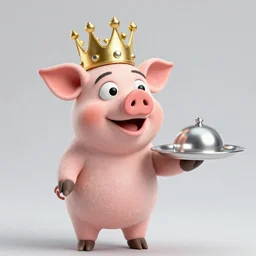 pig waiter wearing a gold crown as a Muppet holding a silver platter 8k