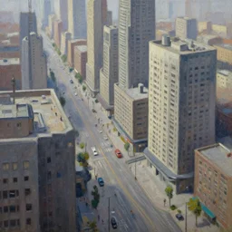 futuristic city, brutalist buildings, street scene, oil painting, by greg rutkowski, top view