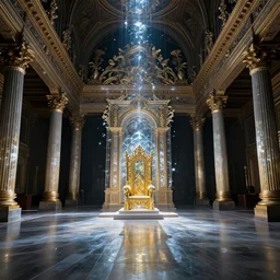 a majestic throneroom, at the dawn of time, glass paint, overglaze, ornament, time - lapse, photojournalism, wide angle, perspective, double - exposure, light, tones of black in background, ultra - hd, super - resolution, massive scale, perfectionism, soft lighting, ray tracing global illumination, translucidluminescence, crystalline, lumen reflections