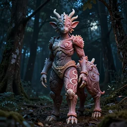 a creature of the night standing in an abandon forrest, skin made of intricate wagyu, split - complementary - colors, flubber, insanely detailed and intricate, elegant, ornate, hyper realistic, by mark brooks
