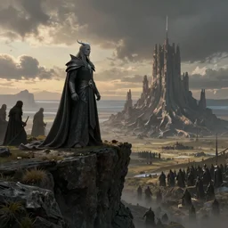Sauron standing on the edge of a cliff overlooking his troops at Mordor Gorgoroth Plains in the evening, detailed matte painting, cinematic, Alan Lee, Artstation