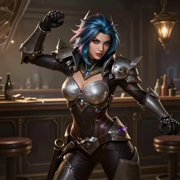 hyper detailed ultra sharp full body character portrait of a woman with a realistically proportioned face in hextech armor doing an action pose standing in a destroyed bar, cinematic lighting, good value control, league of legends splash art, photorealistic eyes, smooth, realistic shading, enhance face, painted texture maps,