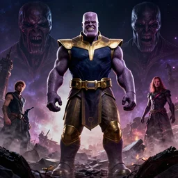 dark Thanos standing on post apocalyptic battlefield, grinning emperor of the world, action pose, dramatic lighting, high contrast, cosmic horror, abstract, masterpiece, trending on ArtStation, by Greg Rutkovski and by Craig Mullins and by David Cronenberg and by Ismail Inceoglu