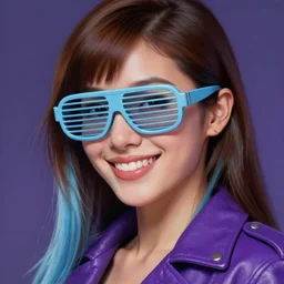 closeup painting of a very beautiful young mexican cyberpunk woman with a smile, light blue retro slotted shades on her face, and a purple coloured leather jacket, one side haircut, long brown hair with light blue ends, portrait, sci - fi, hyperdetailed, artstation, cgsociety, synthwave by tangerine dream, by jean - michel jarre, by vangelis, by john carpenter