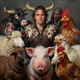a hyper detailed painting of joaquin phoenix surrounded by animals, cow horns, pig nose, sheep wool, chicken feather armor, horror, by anna podedworna, by miklos ligeti, by diego maricato, by taran fiddler, by antonino truisi, by chris reddie, by jinsung lim, trending on artstation