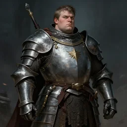 very fat man wearing medieval suit of armor, illustration, concept art, art by wlop, dark, moody, dramatic