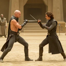 establishing shot of dagger-fight between bald_hairless_Austin_Butler_as_Feyd-Rautha_Harkonnen and Timothee_Chalamet_as_Paul_Atreides, in an arena fight-pit, film still from movie Dune-2021, golden ratio